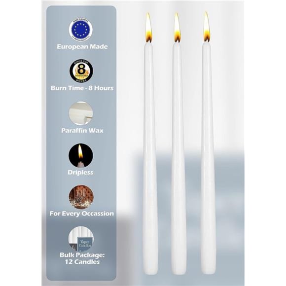 12 Pack Tall Taper Candles 10 Inch White Dripless Unscented Dinner Candle Decor - Picture 5 of 6
